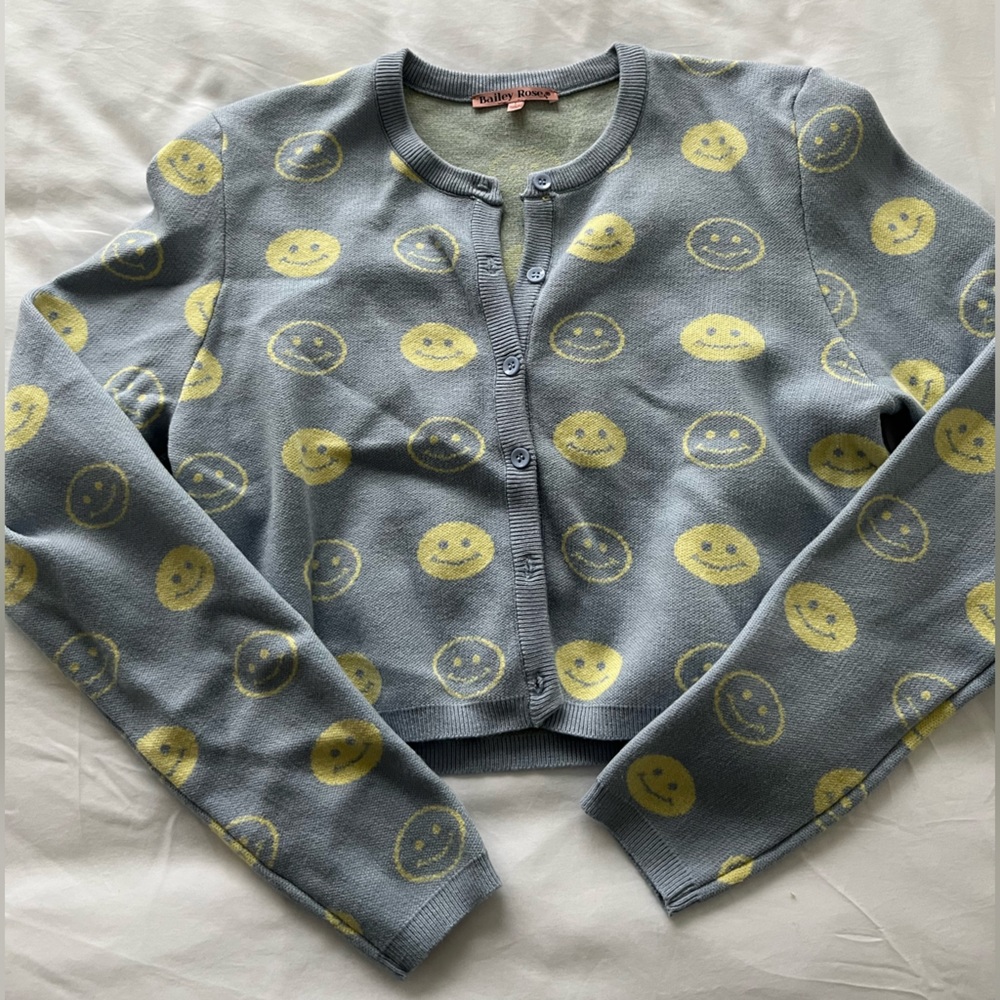 Bailey Rose Smiley Face Cropped Button Up Cardigan